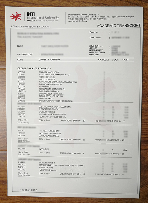 INTI International University transcript