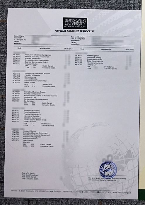 Limkokwing University transcript