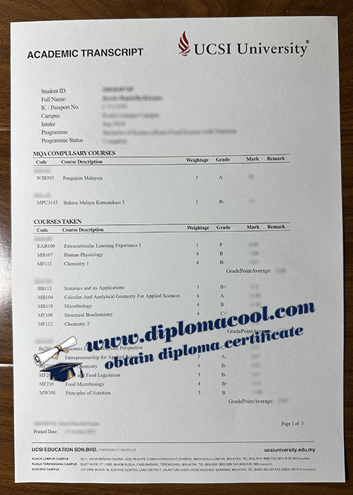 UCSI University transcript