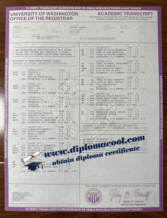 University of Washington transcript