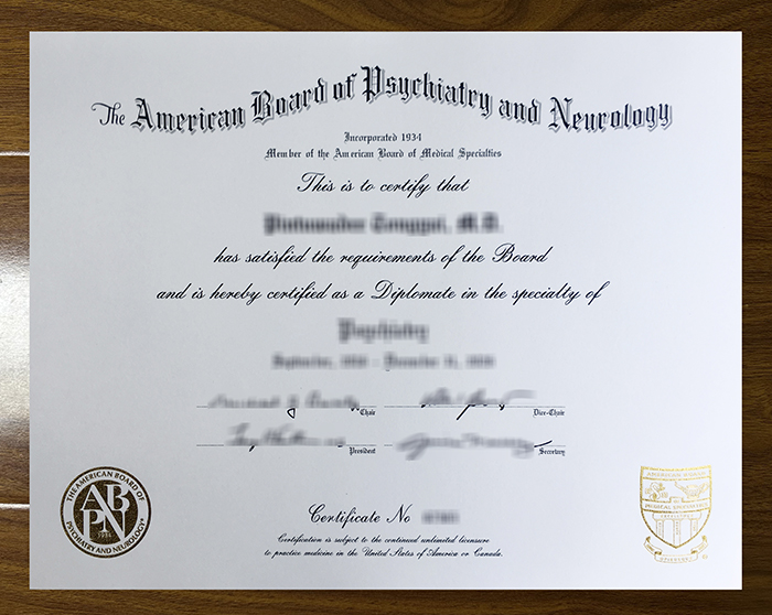 American Board of Psychiatry and Neurology certificate