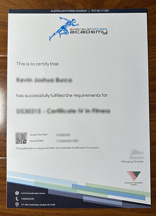 Australian Fitness Academy certificate