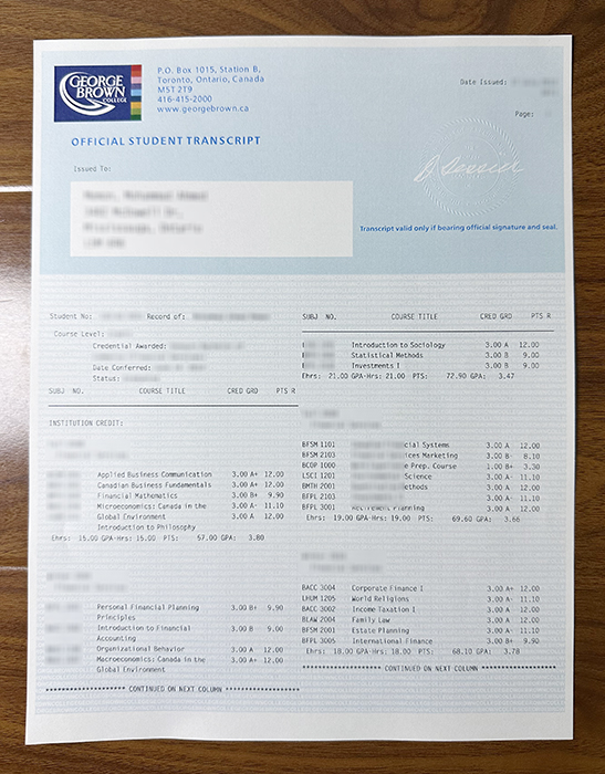George Brown College transcript