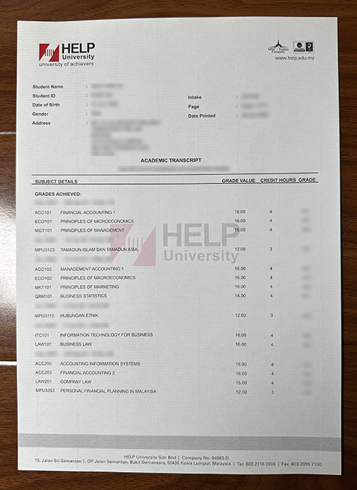 HELP University transcript