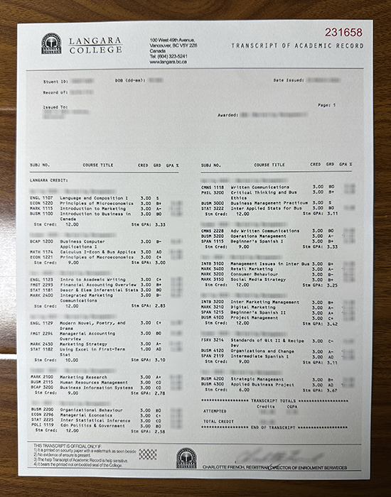 Langara College transcript