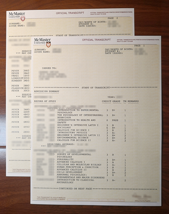 McMaster University transcript