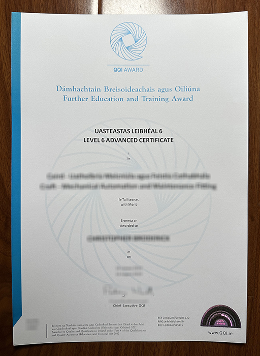QQI Award certificate