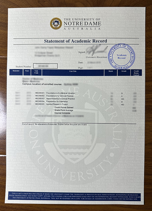 University of Notre Dame Australia transcript